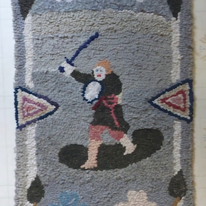 Antique Quebec Warrior Hooked Rug - 37&quot; x 18&quot; - Antique Canadiana Hooked Rug - Vintage Pictorial Hooked Rug Quebec Warrior - Hooked Rug