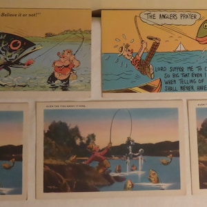 5 cartes postales humoristiques vintage de pêche - cartes postales vintage de pêche - décoration de chalet - décoration de pavillon de pêche - pêche vintage