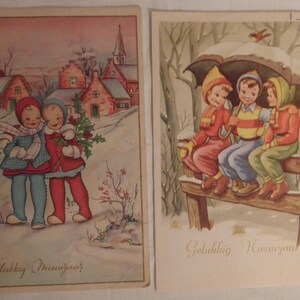 Cartes postales de Noël néerlandaises des années 1950 - 2 cartes de Noël néerlandaises vintage - 2 cartes postales vintage Gelukkig Nieuwjaa - 2 cartes postales néerlandaises