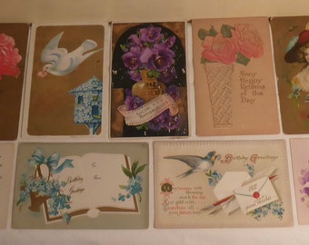 11 Antique Un-Posted Birthday Post Cards - 11 Early 1900's Un-Posted Birthday Greeting Post Cards - 11 Victorian Birthday Post Cards