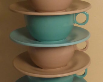 Set of 8 Vintage Duraware Mug and Saucer Sets made in Canada - 4 Turquoise 4 Pink - 8 Vintage MCM Picnic Cup & Saucer Sets by Duraware