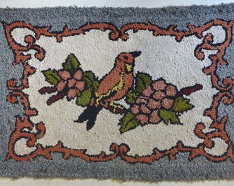 Antique Bird & Blossoms Hooked Rug - 37" x 24" - Antique Hooked Rug - Country Chic Decor - Antique Decor - Rustic Decor