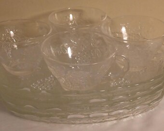 Set of 4 Vintage Anchor Hocking Luncheon/Snack Plates with Punch Cups - 1950's Anchor Hocking Pressed Glass Snack Plates & Cups