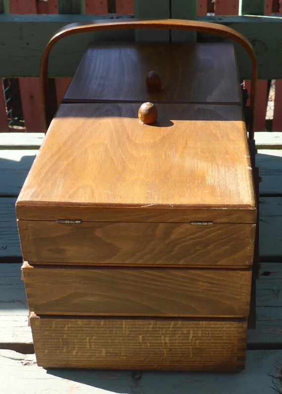 3 Tier Stacking Wood Sewing Boxes With Lid, Vintage 8 Stacked