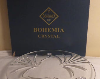 Vintage Czech Republic Jihlavske Sklarny Bohemia Crystal Round Serving Plate - Vintage Czech Bohemia Crystal 13" Round Cake Plate