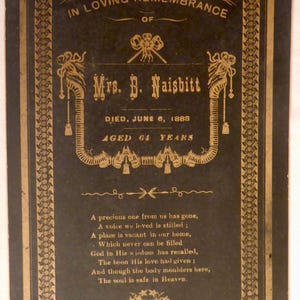 Carte de deuil pour funérailles victoriennes de 1888 Mme B. Naisbitt - carte de funérailles des années 1800 - décor gothique des années 1800 - carte de funérailles du XIXe siècle