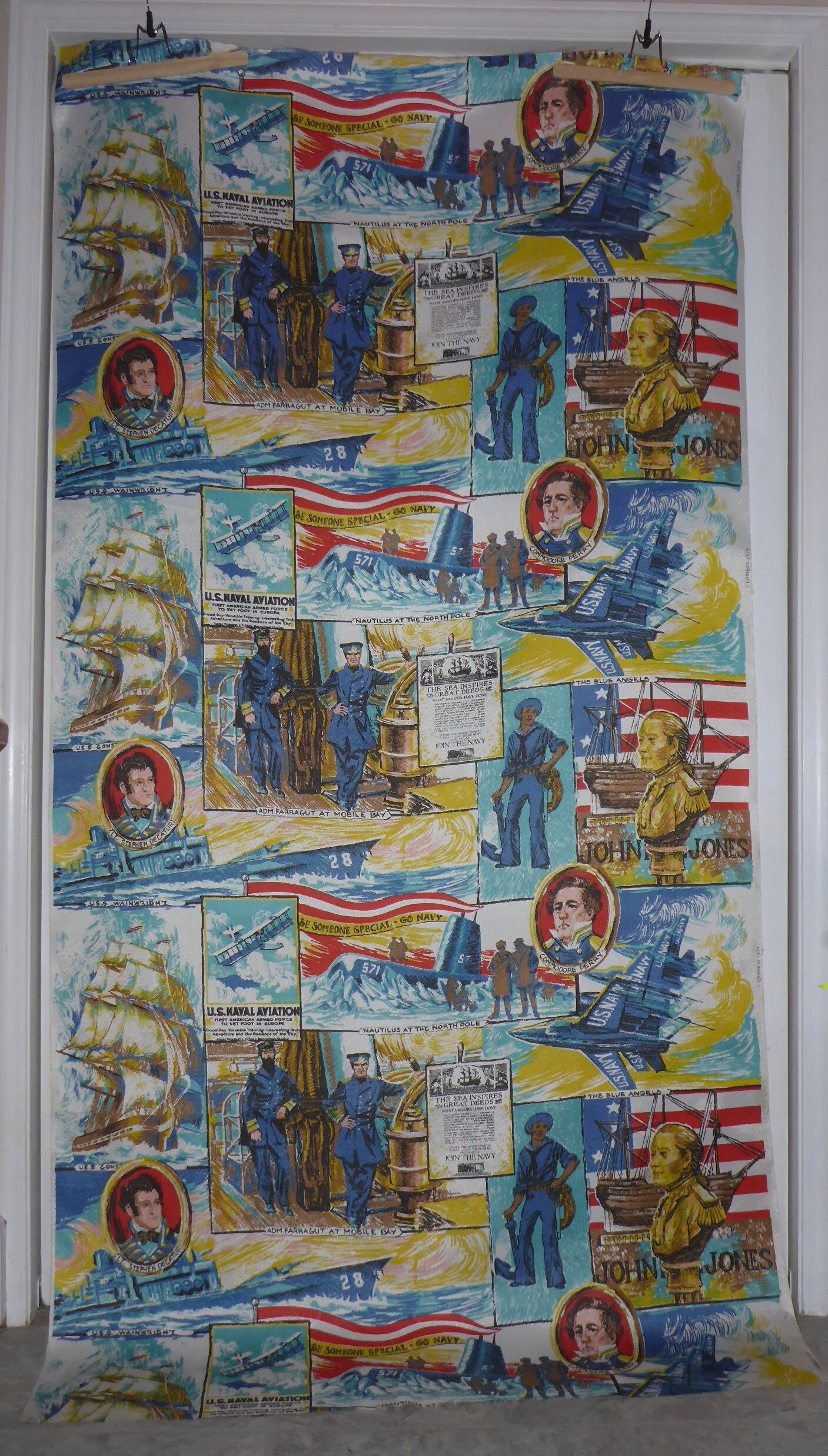 Vintage U.S. Patriotic Fabric decorated with Bicentennial Era Prints of US Navy Scences, The Blue Angels, US Wainwright, US Constitution