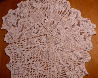Pretty Pink Hand Crocheted Tablecloth 48 1/2" x 48 1/2" - Vintage Hand Crocheted Pink Tablecloth
