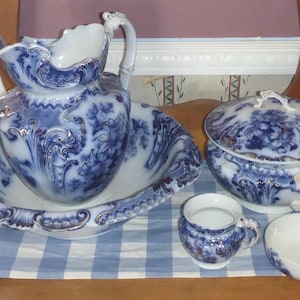 Antique Wood & Son England Royal Semi-Porcelain Large Blue Flow Bathroom Set-Antique Blue Flow Wash Basin Jug Chamber Pot Soap Dish Glass