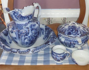 Antique Wood & Son England Royal Semi-Porcelain Large Blue Flow Bathroom Set-Antique Blue Flow Wash Basin Jug Chamber Pot Soap Dish Glass