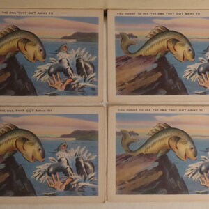 4 cartes postales humoristiques de pêche vintage non postées - cartes postales de pêche vintage des années 40 - cartes postales de pêche vintage - décoration de chalet - pêche