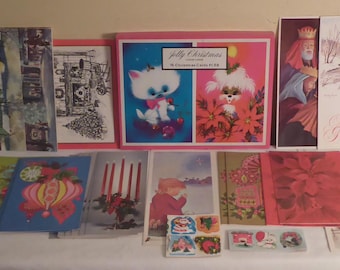 May include: A collection of vintage Christmas cards featuring a variety of designs, including winter scenes, animals, and religious imagery. The cards are in various colors, including red, green, blue, and white.