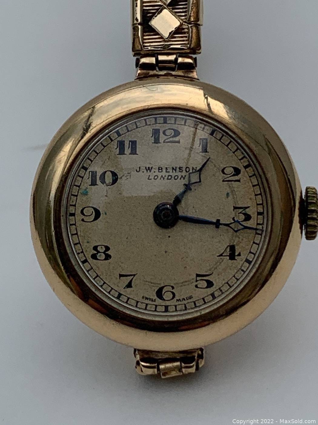 Antique 1920s Swiss J.W. Benson 9 Kt Gold Case Wrist Watch in