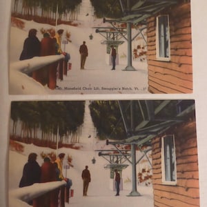 2 cartes postales vintage des années 30 sur le ski du Vermont - 2 cartes postales vintage des années 30 sur le télésiège du mont Mansfield Smuggler's Notch - souvenir du Vermont