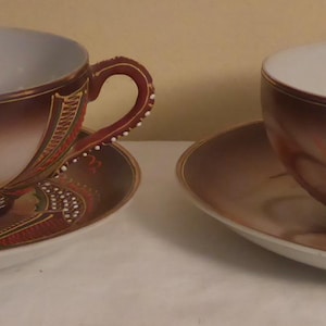 2 Japanese Egg Shell Porcelain Brown Dragon Tea Cups & Saucers - 2 Vintage Japanese Brown Dragon Ware Cups and Saucers - Japanese Porcelain