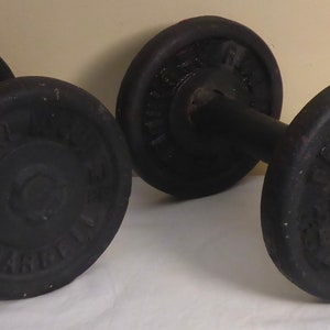 Set of Vintage Cast Iron Real McCoy 2.5 lb Barbells Welded on Bars - Vintage Barbells - Vintage Handheld Real McCoy Barbells