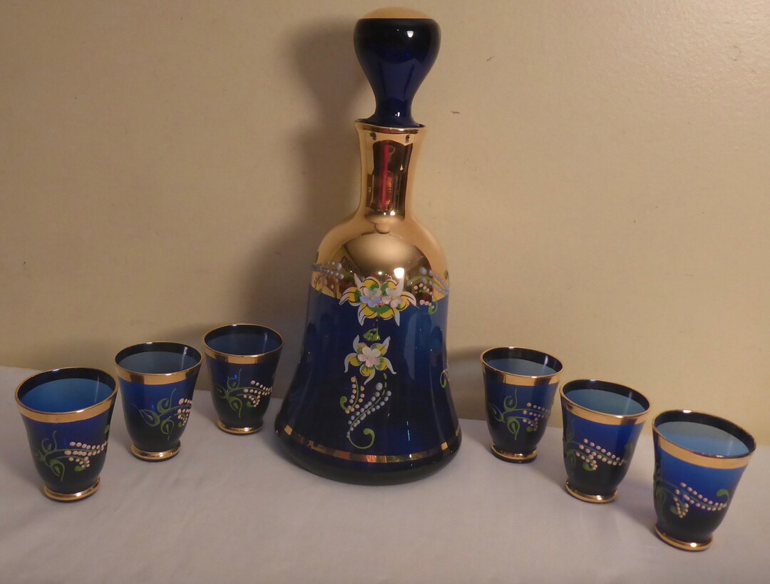 Vintage Venetian Style Cobalt Blue Coloured Glass Decanter & Six ...