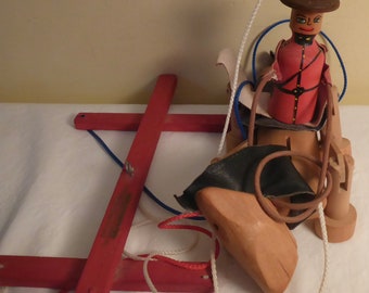 Vintage Hand Made Wooden RCMP On Horse Marionette String Puppet made in Quebec - Vintage RCMP on Horse Marionette String Puppet