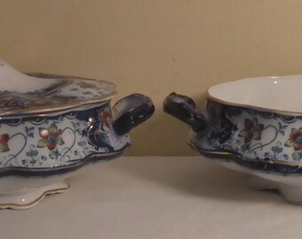 2 Antique Victorian Welbeck Opaque China Blue Transferware Chinoiserie Style Oval Vegetable Serving Dishes - Antique Blue Transferware