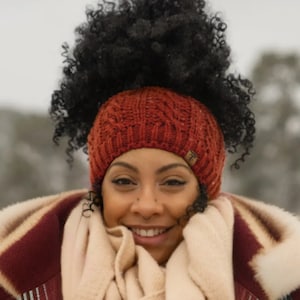 MAYA | Maroon Satin Lined Messy Bun Beanie Cap Winter Knit Hat for Natural Curly Black Hair *With Lining*