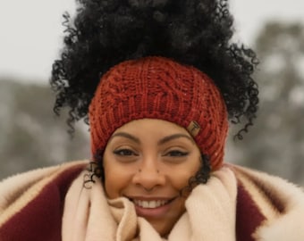 MAYA | Maroon Satin Lined Messy Bun Beanie Cap Winter Knit Hat for Natural Curly Black Hair *With Lining*