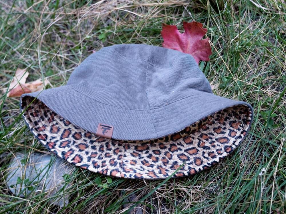 Black Corduroy Bucket Hat | Leopard Satin Lined Cap for Curly Hair