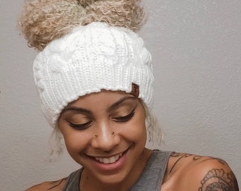 Maroon Knit Messy Bun Beanie | Satin-lined Winter Hat - Etsy