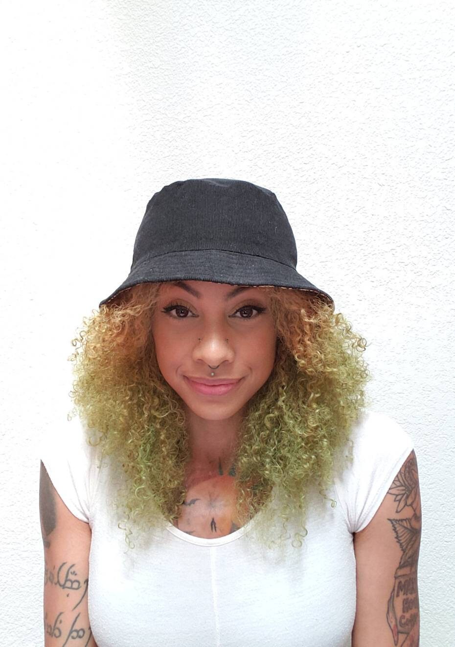 Black Corduroy Bucket Hat | Leopard Satin Lined Cap for Curly Hair