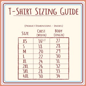 May include: T-shirt sizing guide with chest and body measurements in inches. The chart shows sizes XS through 4XL with corresponding chest widths and body lengths.