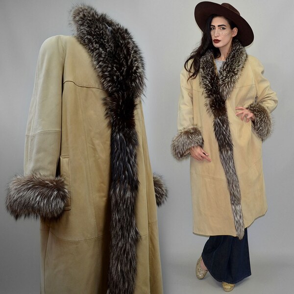 Vintage Spanish Designer Mallorca Shaggy Silver Fox Fur Embellished Camel Swinger Hippy Leather Coat Blanket Habit Tent Flared Draped 70s L