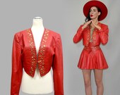 Vintage Lipstick Red Cropped Matador Biker Jacket Brass Embelished Lapel Pearl Studded Trophy Cape Shrug 90s Sexy Unique Vamp Blazer S