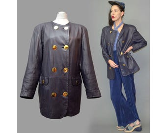Vintage Melchinger Pyrate Military Double Brasted Mirror Polished Statement Button Studs Frock Coat Blazer Nappa Leather Eggplant Jacket M
