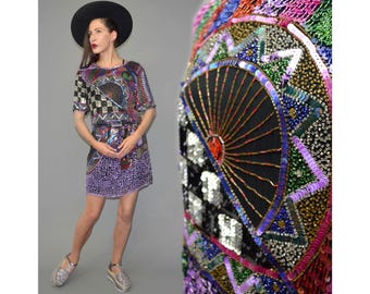 Vintage Sweelo Couture Art Deco Pearl Sequin Encrusted Cocktail Dress Beaded Silk 80s-does-20s Rara Flapper Charleston Party Robe Gown XS-M