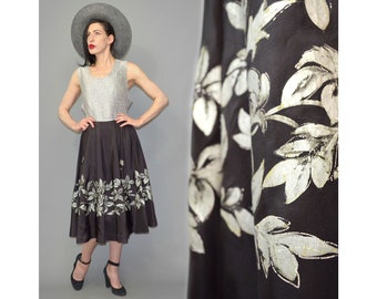 Vintage Hand-Painted Silver Metallic Floral Unique Petticoat Pinup Circle Twirl Dance Midi Skirt A-line Rockabilly 50s Lace Ribbon Draped L