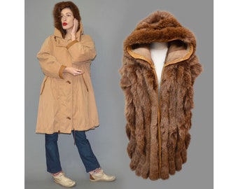 Vintage GEMMI Grünstein 3 in 1 Silky Dyed Arctic Fox Fur Lined Knitted Microfiber Parachute Convertible Hooded Parka Coat Windbreaker 80s XL