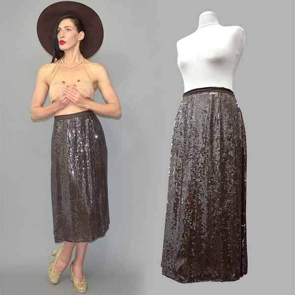 Vintage soie Inde paillettes brodée en mousseline de soie Midi Tube jupe Robe des années 80 des années 20 Rara clapet Charleston Gatsby Disco Sparkle XL