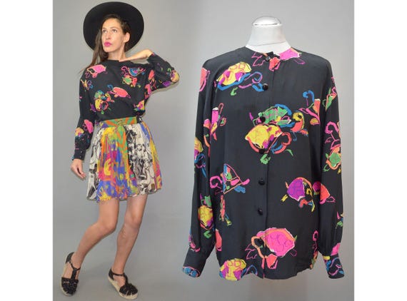Vintage Escada by Margaretha Ley Silk NEON Turtle Abstract Foulard Shirt Blouse Tunic Scarf Business Modern 80s Collectible Designer 38 M