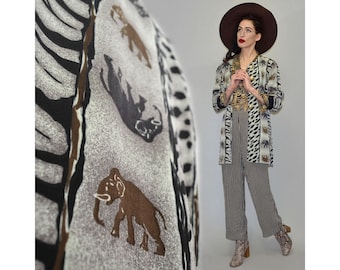 Vintage BoBol Designer Cheetah + Zebra Animal Silk Scarf Print Safari Minimalist Frock Coat Business Blazer Oversize Jacket Beaded Button S