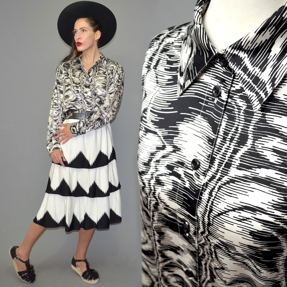 Vintage Escada Fingerprint Op Art Illusion Business Blouse Shirt Tunic Silk Satin Graphic Oversize Draped Jacket 90s L 40 Vein Water Ley, photo 2 sur 5