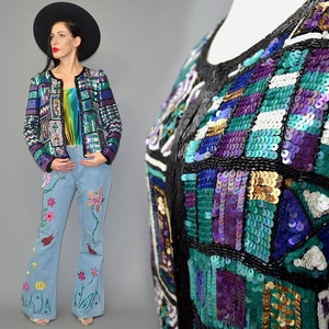 Vintage MADELEINE Festive Glam Sequin Pearl Encrusted Evening Gown Jacket Geometric Oriental Tile Embellished Cape Chasuble Wrap Silk 80s M