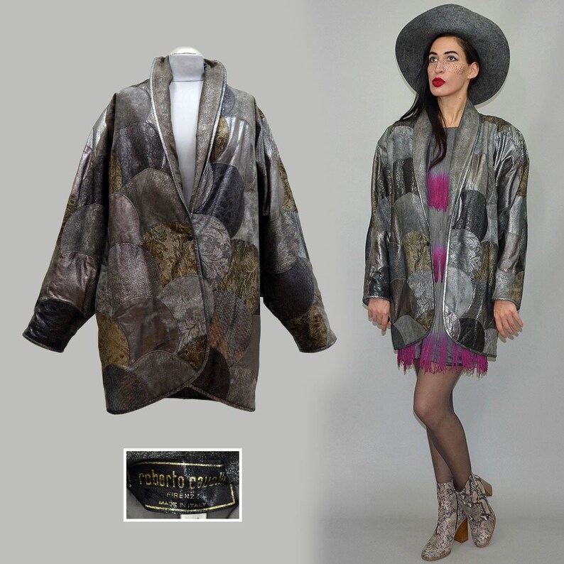 Vintage Roberto Cavalli Firenze Leather Fish Scale Patchwork Metallic Embroidery Leather Art Deco Geometric Ethnic Batwing Jacket Blazer 90s