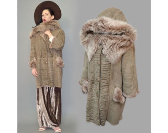 Vintage Tiger Stripe Embossed Suede Leather Parka Slouchy Pointy Hooded Shaggy Curly Lamb Fur Lining Oversize Coat Winter Draped Anorak Cape