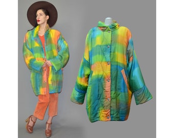 Vintage COLETTE Silk Wadded Anorak Aquarelle Watercolor Ombre Tie Dye Windbreaker Puffer Parka 90s Blazer Jacket Coat Festival Bomber Baggy