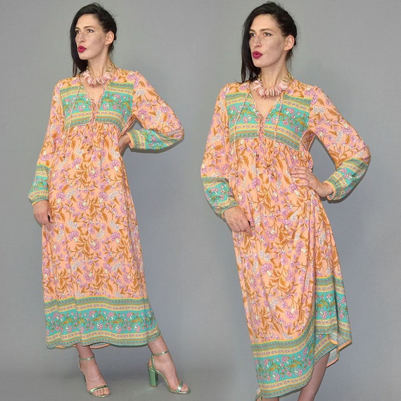 Vintage Indian Cotton Oriental Sari Caftan Flared… - image 9