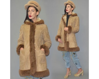 Vintage LEDERMANN Fully Shaggy Shearling Sheep Fur Lamb Velours Leather Princess Pea Coat Penny Lane Style Trimmed Flared Hippie 70s Boho M