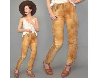 Pantalones pitillo de piel y ante estilo vintage Angel Peña Spain, con flecos, de estilo étnico, western, nativo y vaquero de los 90.