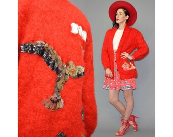 Vintage Fuzzy 100% Mohair Hand-Made Lamé Bird Eagle Embroidered Rhinestone Cocoon Cardigan Oversize Sweater Knitted Jacket Shaggy Cape Naive