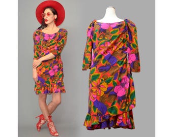 Vintage FRANK USHER Silk TIKI Hawaiian Cocktail Shift Dress Robe Flirty Skater Skirt Asymmetrically Draped Iconic Denver Clan 80s Gown M 38