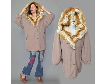 Vintage Microfiber Parachute Draped Anorak Parka Shaggy Fox Fur Lined Hooded Jacket Functional Dusky Lilac Windbreaker Oversize 80s Cape M