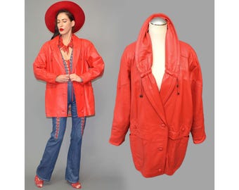 Vintage LIPSTICK Red Anorak Parka Jacket Coat Rushed Collar Silky Real Leather Cloak Throw Tent Tassel Pearl Batwing 80s Oversize Tanner XL